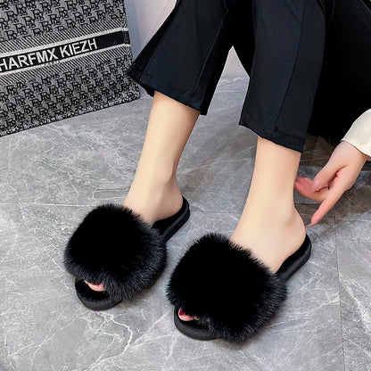 New Woman Slippers Winter Simple Word Fur Flats Soft Home Women Slippers Faux Fur Warm Bedroom Leisure Female Shoes