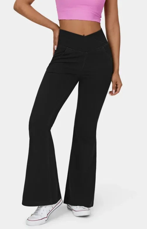 Stretch Pants High Waisted Crossover Flare with Bootcut Silhouette