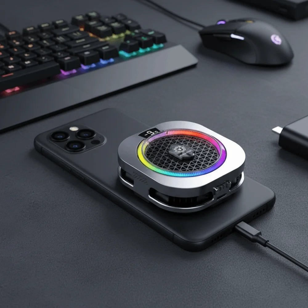 Silver mobile phone cooler with RGB LED, AI temperature display, and high-power fan for gaming.