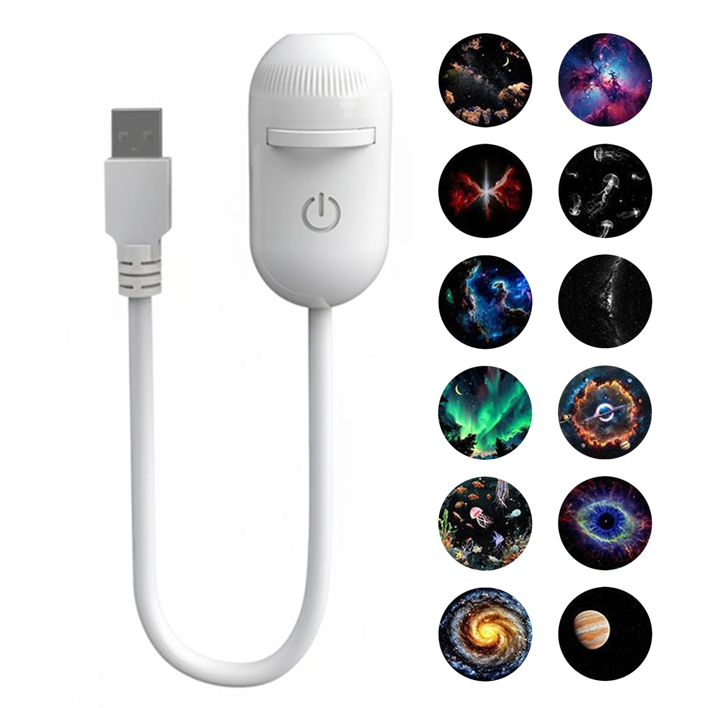 White adjustable focus LED projector light with gooseneck for room ambiance and galaxy projection.