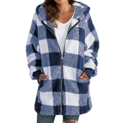 Plush women's coat 2026 long sleeve plaid hooded zipper loose coat with pocket coat women