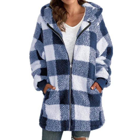Plush women's coat 2026 long sleeve plaid hooded zipper loose coat with pocket coat women