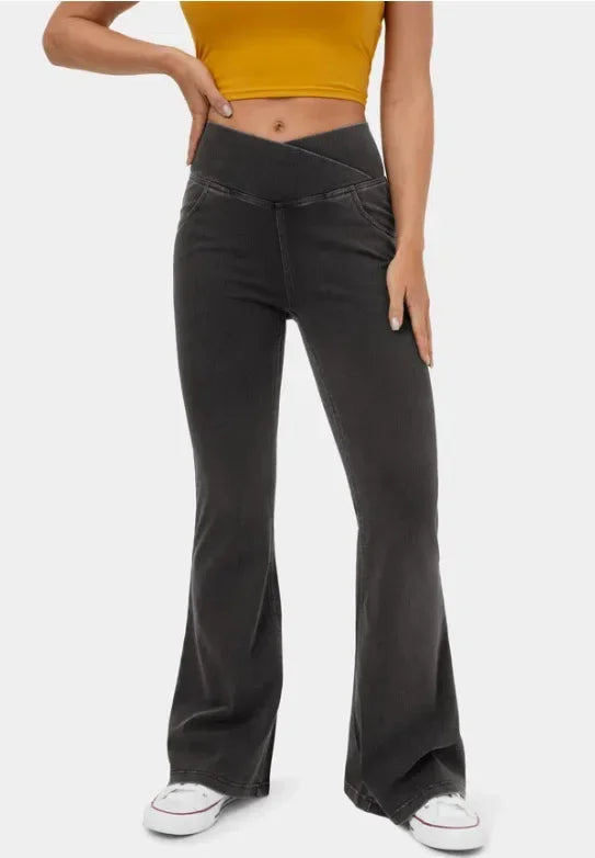 Stretch Pants High Waisted Crossover Flare with Bootcut Silhouette