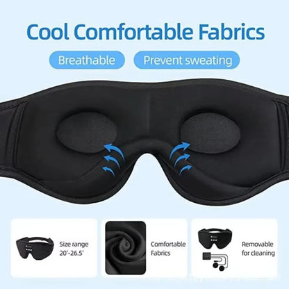Black 3D Bluetooth sleep eye mask with contoured eye cups and built-in speakers.