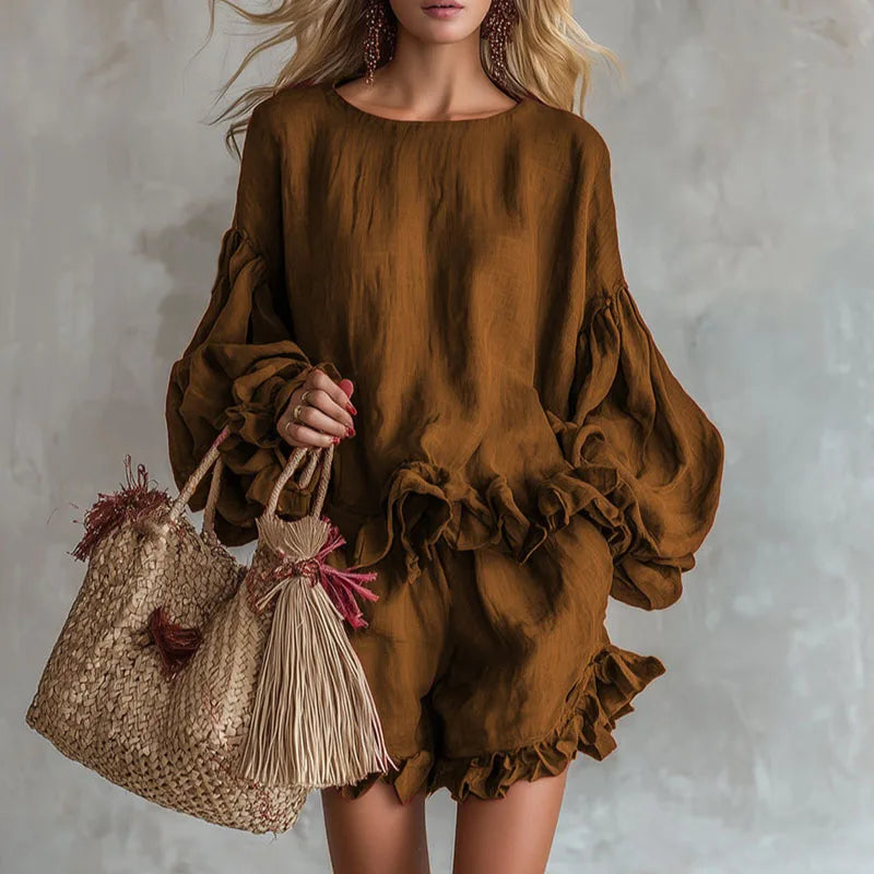 Women’s two-piece set with lantern-sleeve top and shorts