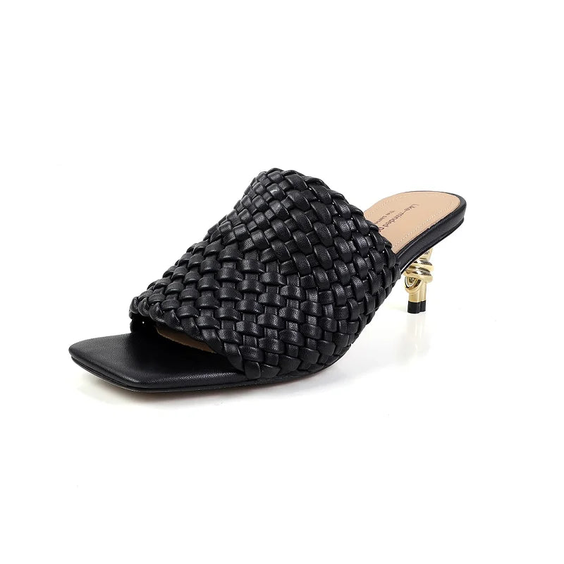 Woven Kitten Heel Sandals Open Toe With Sheepskin Cushioned Insole