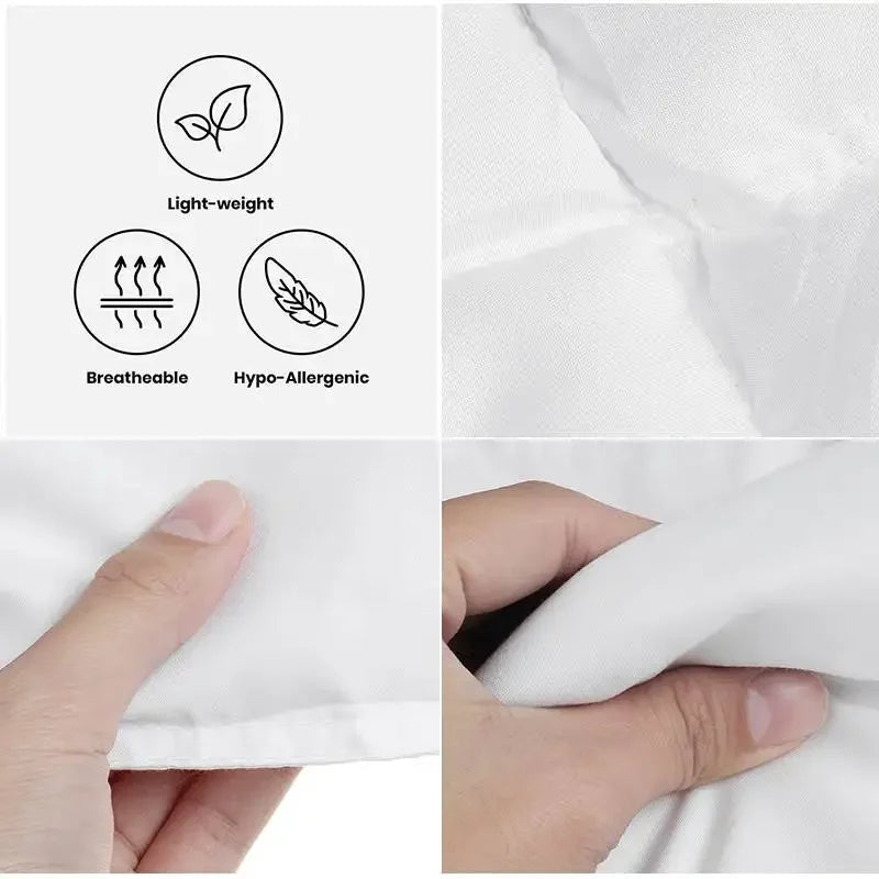 White goose down comforter with features: light-weight, breathable, and hypo-allergenic.