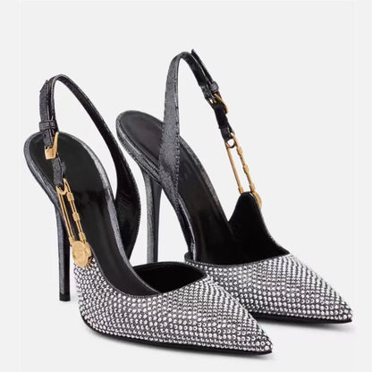 Sequined Slingback Pumps with Rhinestone Buckle for Women featuring Slim 9.6 cm Heel