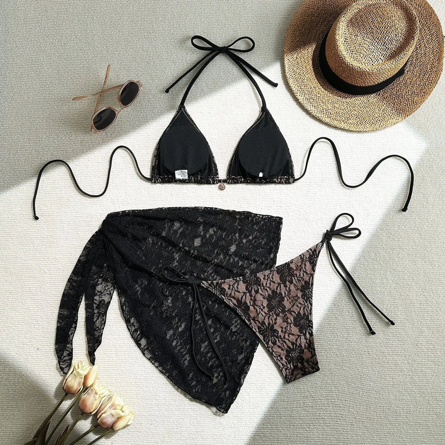 Women's Lace Detail Bikini Set with Removable Padding and Low-Rise Bottoms