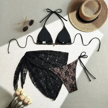 Women's Lace Detail Bikini Set with Removable Padding and Low-Rise Bottoms