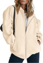 Women's Cotton Blend Hooded Sweatshirt With Zipper And Drawstring Pocket Long Sleeve