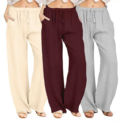 Women's wide-leg cotton-linen pants with drawstring waist