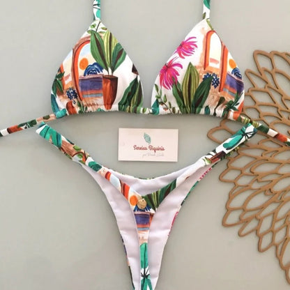 Women's Triangle Lace-Up Bikini Set with Adjustable Straps and Thong Bottom