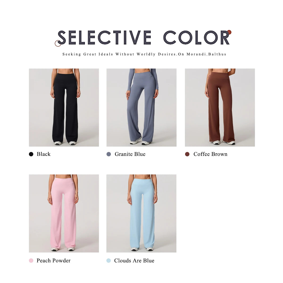High-waisted, stretchy, knit compression leggings in black, blue, brown, and pink for exercise.