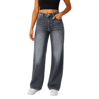 Soft Light Blue Wide Leg Jeans High Waist With Front Pockets Stretch