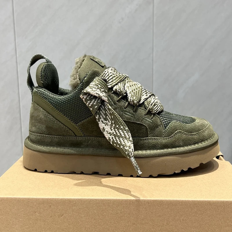 Olive green suede platform boots with lace-up details for comfortable all-day wear.