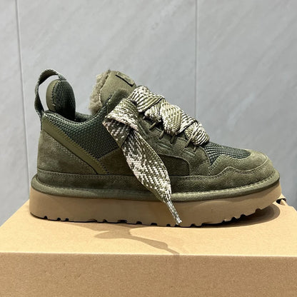 Olive green suede platform boots with lace-up details for comfortable all-day wear.