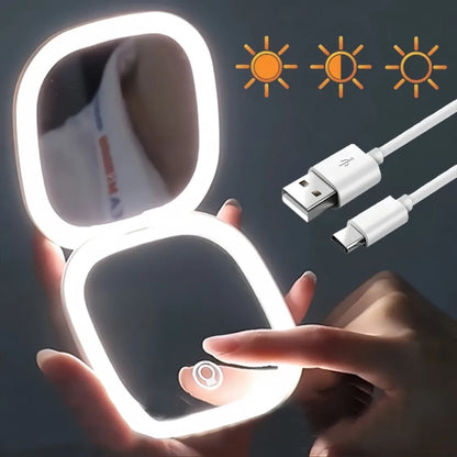 Portable Makeup Mirror with LED Fill Light Pocket Handheld Round Folding USB Charging Adjustable Hairdressing Tri Color Light