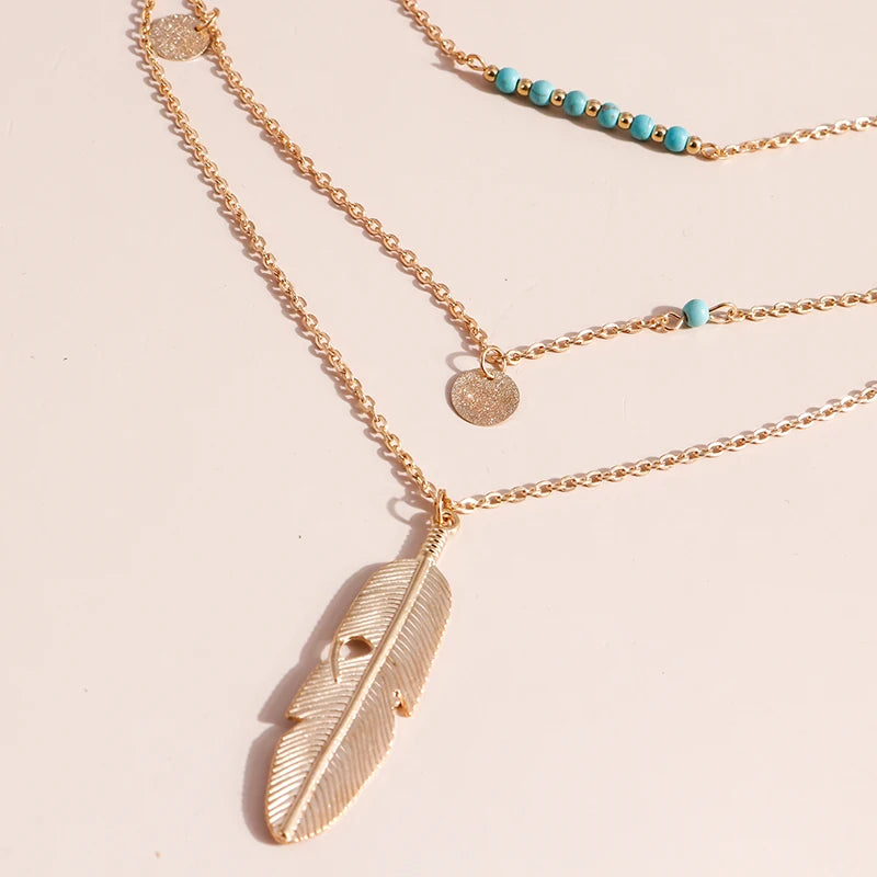 Gold-colored multilayer chain necklace with turquoise beads, disc charms, and a feather pendant.
