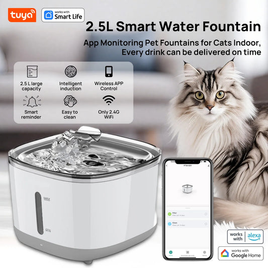 Smart Cat Water Fountain 2.5L - #1 Worldwide Tuya App Pet Water Dispenser with SUS304 Bowl