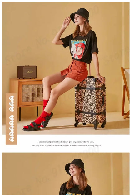 Trendy Retro Luggage Women's Roller Trunk Leopard Print Leather Suitcase 20" Boarding Box Set Waterproof Password Suitcase