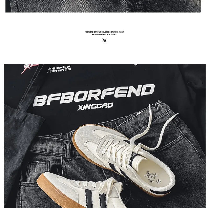 Off-white canvas sneakers with black stripes and brown rubber soles, breathable casual training shoes for daily wear.