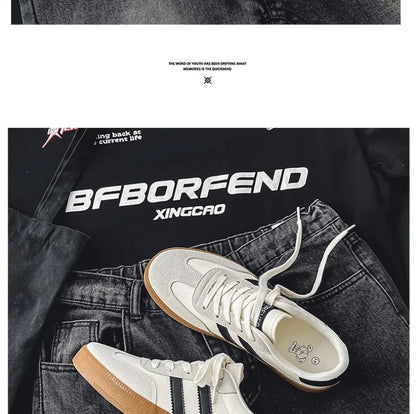 Off-white canvas sneakers with black stripes and brown rubber soles, breathable casual training shoes for daily wear.