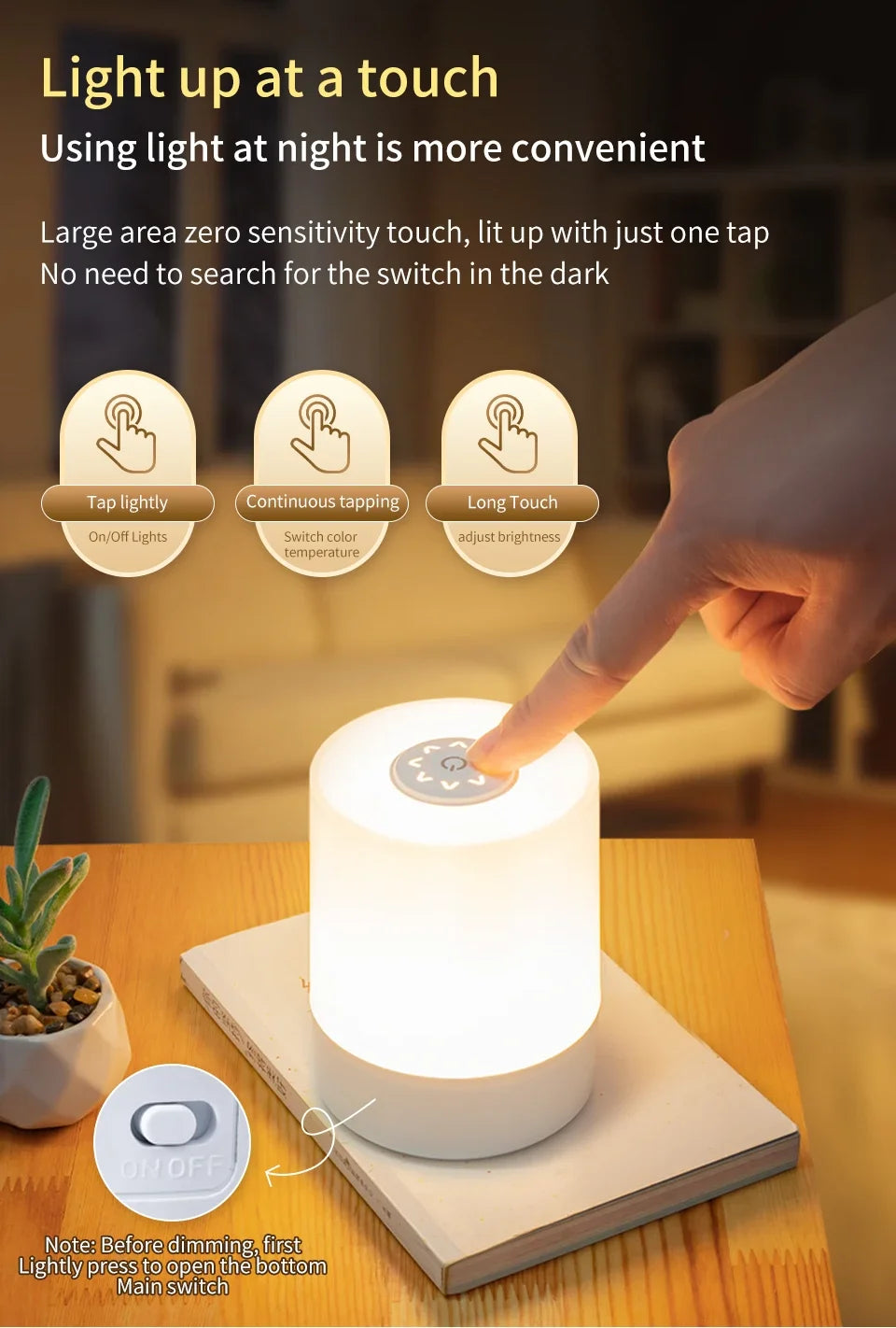 Touch bedside lamp with remote control and three light modes