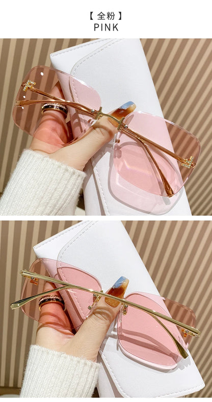 Featherlight Rimless Sunglasses Large Square Frame with Diamond Accent