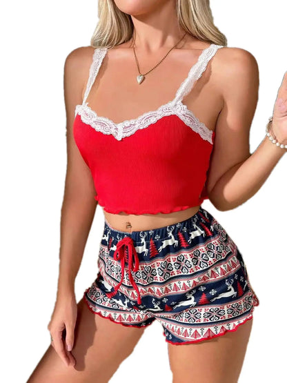Delicate Pajama Set with V Neck Camisole Top and Printed Shorts