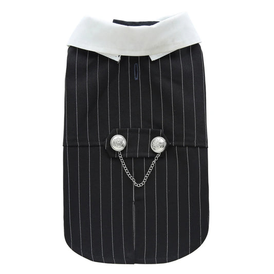 Dog tuxedo formal pet outfit featuring a pinstripe pattern tailcoat and decorative buttons