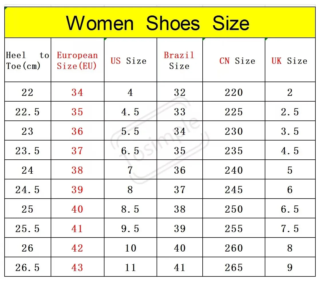Women's shoes size chart comparing heel-to-toe measurements in cm to EU, US, Brazil, CN, and UK sizes.