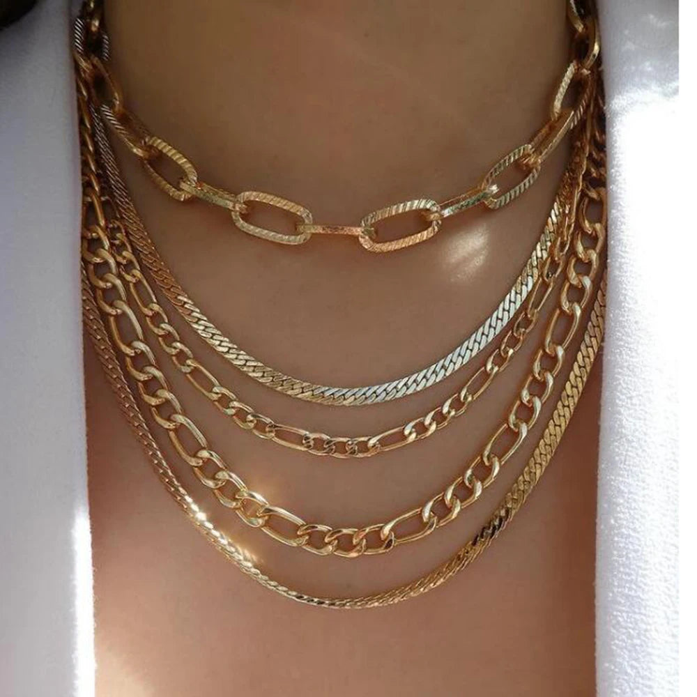 Necklace layered chain jewelry set with multiple metal links