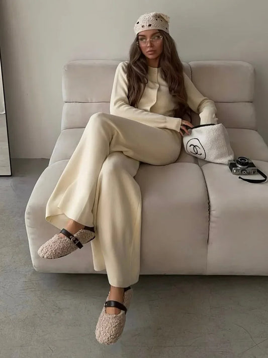 Women’s Knit Cardigan And Pants Set Slim Fit Long Sleeve Winter