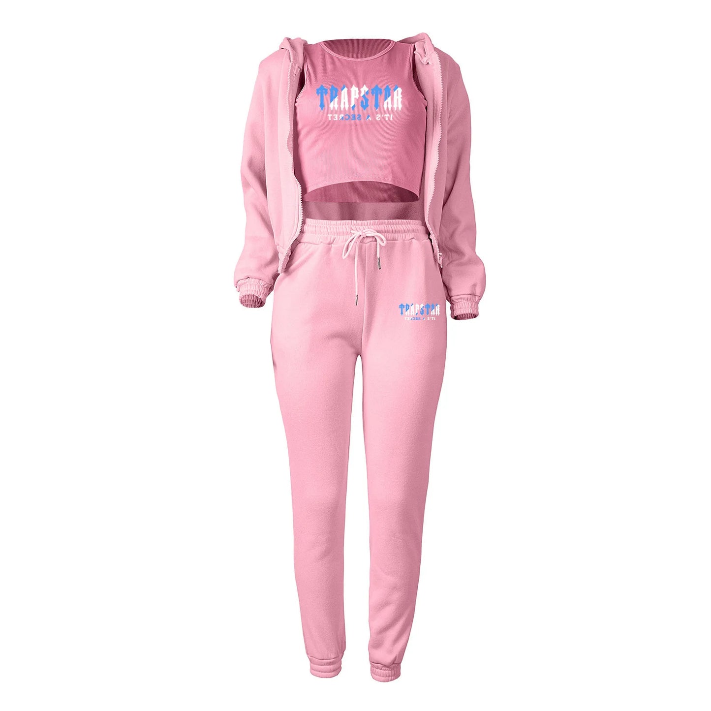 Pink knit hooded sweater set with letter print and drawstring pants, a stretchy relaxed outfit for daily loungewear.