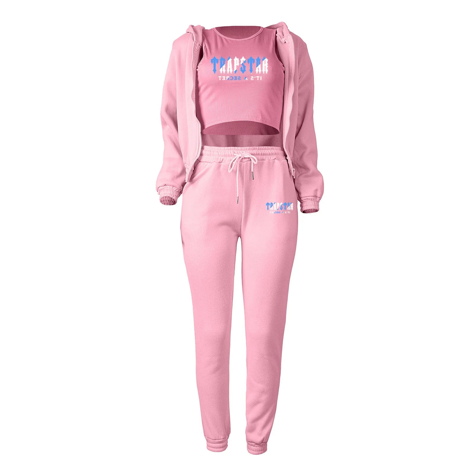 Pink knit hooded sweater set with letter print and drawstring pants, a stretchy relaxed outfit for daily loungewear.