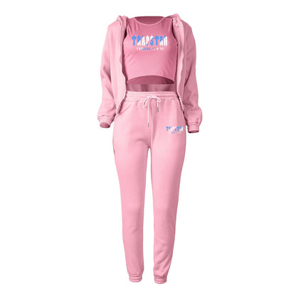 Pink knit hooded sweater set with letter print and drawstring pants, a stretchy relaxed outfit for daily loungewear.