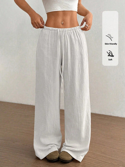 Women's Polyester Blend Pants With Low Rise And Floor-Length Wide Leg Featuring Elastane For Stretch