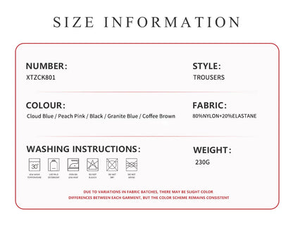 Nylon-elastane knit compression leggings in five colors with care instructions for gym workouts.