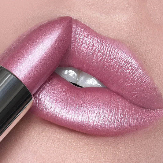Metallic lipstick set shimmering long-wearing formula applied on lips