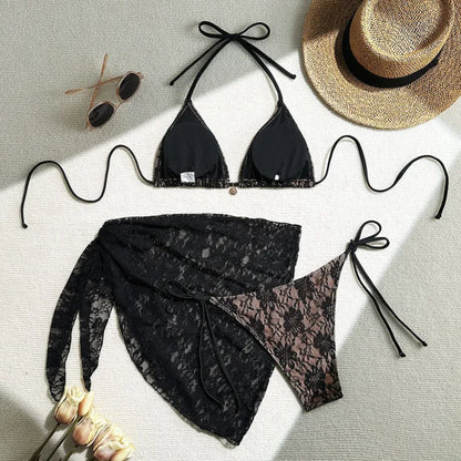 Women's Lace Detail Bikini Set with Removable Padding and Low-Rise Bottoms