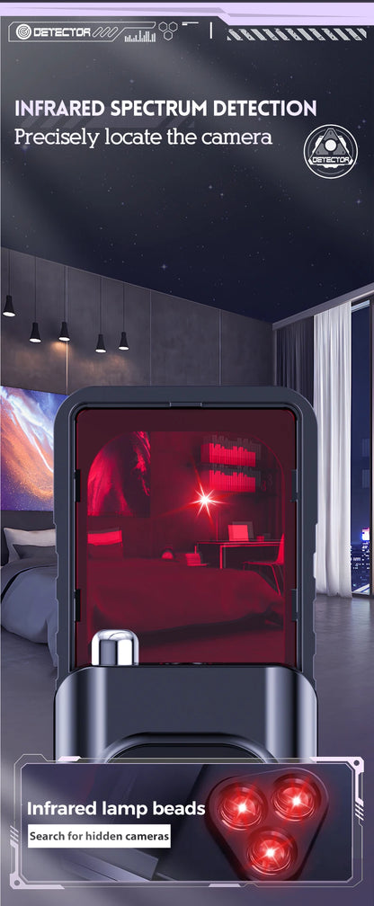 Black smart camera detector with a red viewport, showing a room with a detected camera glint.