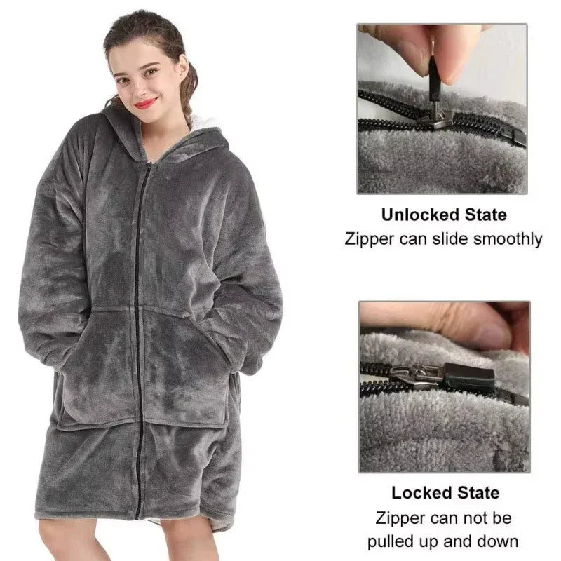 Unisex Fleece Hoodie Sweatshirt Blanket With Front Zipper And Deep Pockets In An Oversized Wearable Design
