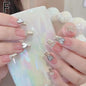 24Pcs Glitter Diamond Press On Nails Blush Pink Cat Eye Fake Nails Sweet Cute Coffin Full Cover Short Square False Nail Tips Art