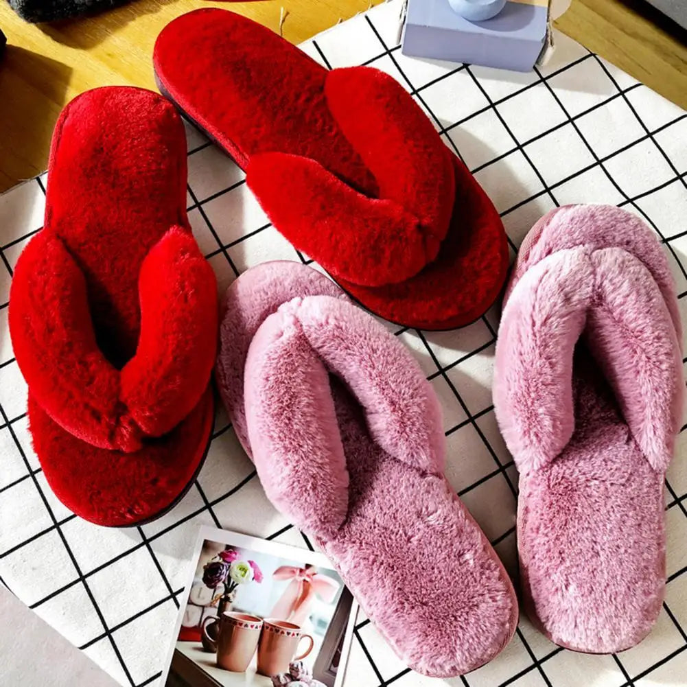 1 Pair Plush Women Slippers Thicken Furry Soft Warm Practical Winter Thermal Flip Flops for Home Indoor