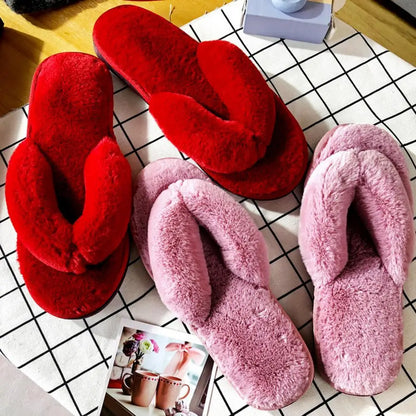 1 Pair Plush Women Slippers Thicken Furry Soft Warm Practical Winter Thermal Flip Flops for Home Indoor