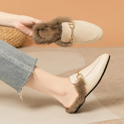 Womens Luxury Metal Chain Fur Mules