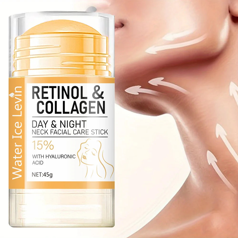 Yellow Retinol and Collagen face and neck care stick in a clear plastic container.