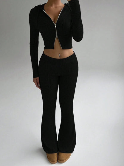 Cozy Women's Loungewear Set Zip-Up Hooded Top with Drawstring and Flared-Leg Trousers–Casual Fashionable Homewear