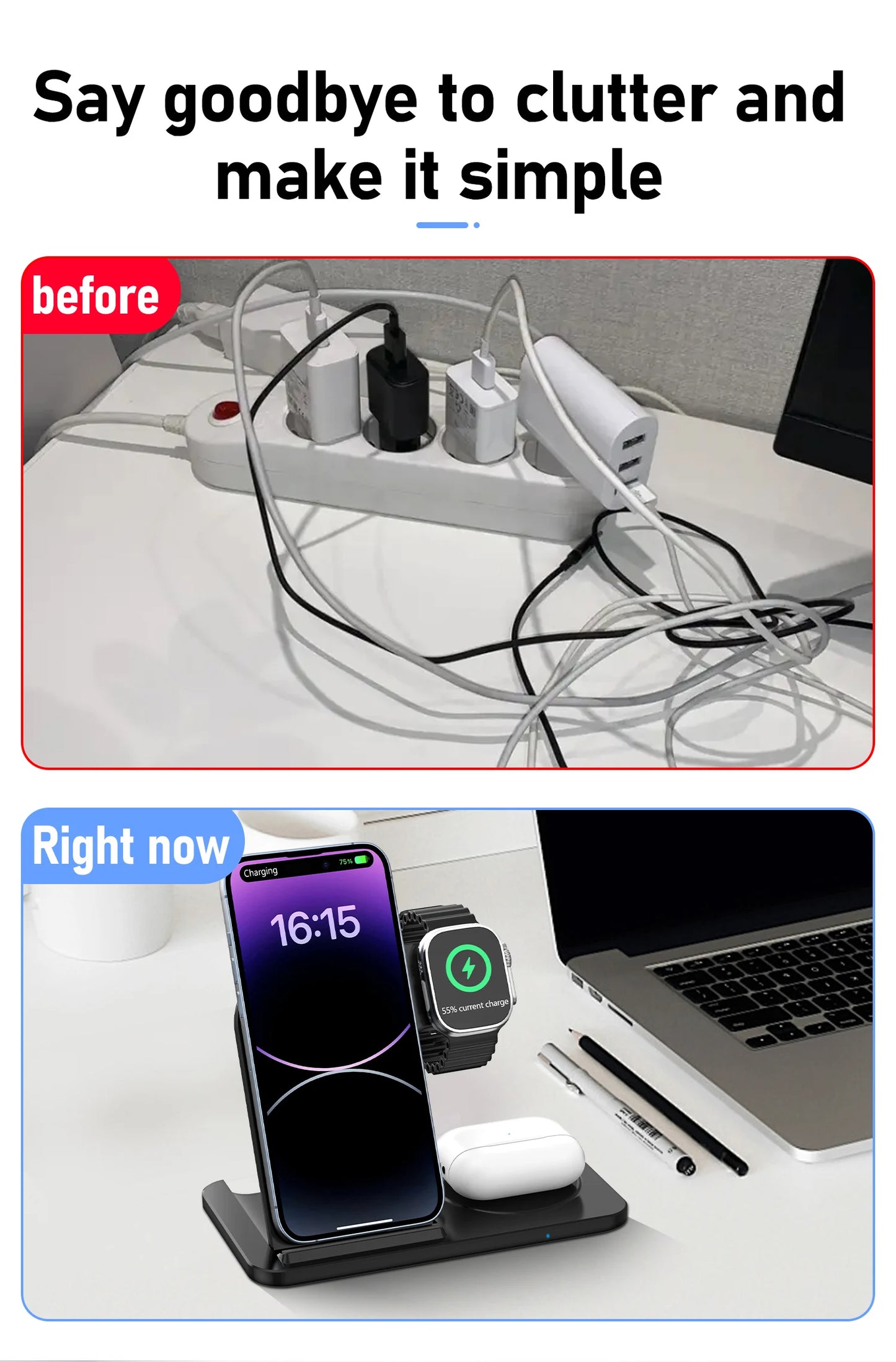 Foldable Wireless Dock for Smartphones and Earbuds 3-in-1